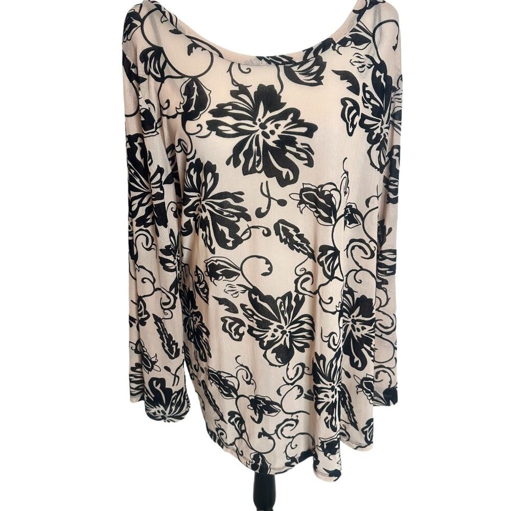 La Vanya Sheer Long-Sleeved Top Size 3X Beige Black Floral Blouse LaVanya